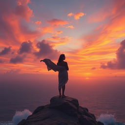 A powerful and emotional scene depicting a person standing alone on a cliff overlooking a vast, serene landscape at sunset