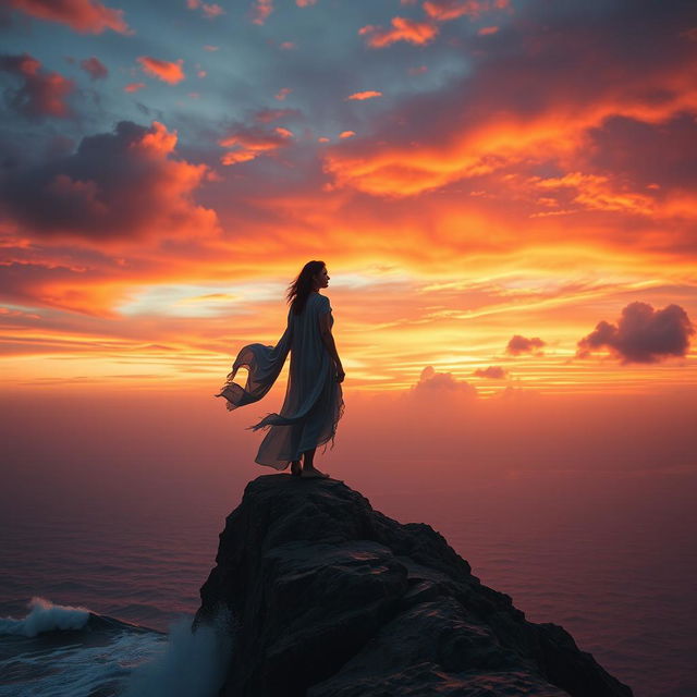 A powerful and emotional scene depicting a person standing alone on a cliff overlooking a vast, serene landscape at sunset