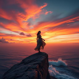 A powerful and emotional scene depicting a person standing alone on a cliff overlooking a vast, serene landscape at sunset