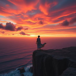 A powerful and emotional scene depicting a person standing alone on a cliff overlooking a vast, serene landscape at sunset