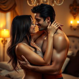A passionate and intimate scene depicting a couple engaged in a loving embrace, showcasing a strong connection and chemistry between them