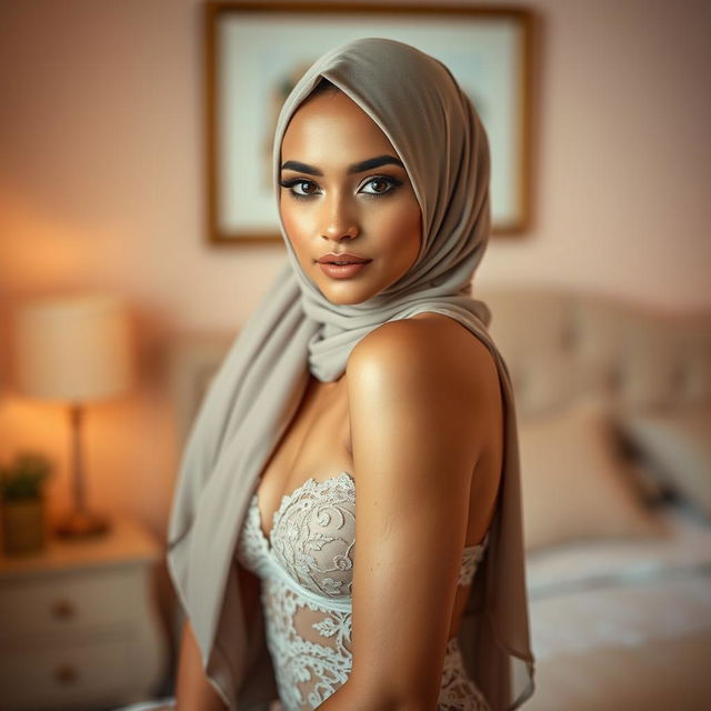 A beautiful woman wearing a stylish hijab in a delicate lace lingerie set, elegantly posed in a softly lit bedroom