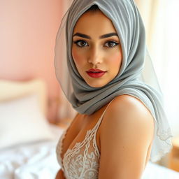 A beautiful woman wearing a stylish hijab in a delicate lace lingerie set, elegantly posed in a softly lit bedroom