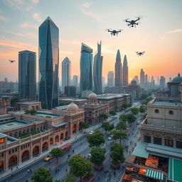 A futuristic cityscape of Aleppo in the year 2050, showcasing advanced architecture mixed with historical elements of the ancient city
