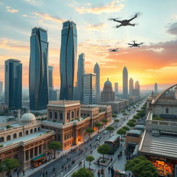 A futuristic cityscape of Aleppo in the year 2050, showcasing advanced architecture mixed with historical elements of the ancient city