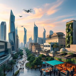 A futuristic cityscape of Aleppo in the year 2050, showcasing advanced architecture mixed with historical elements of the ancient city