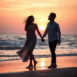 A romantic scene featuring a beautiful couple silhouetted against a stunning sunset, holding hands on a beach