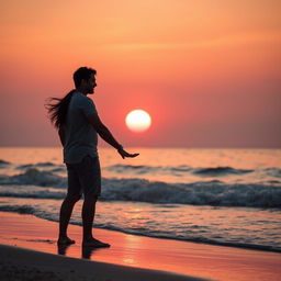 A romantic scene featuring a beautiful couple silhouetted against a stunning sunset, holding hands on a beach