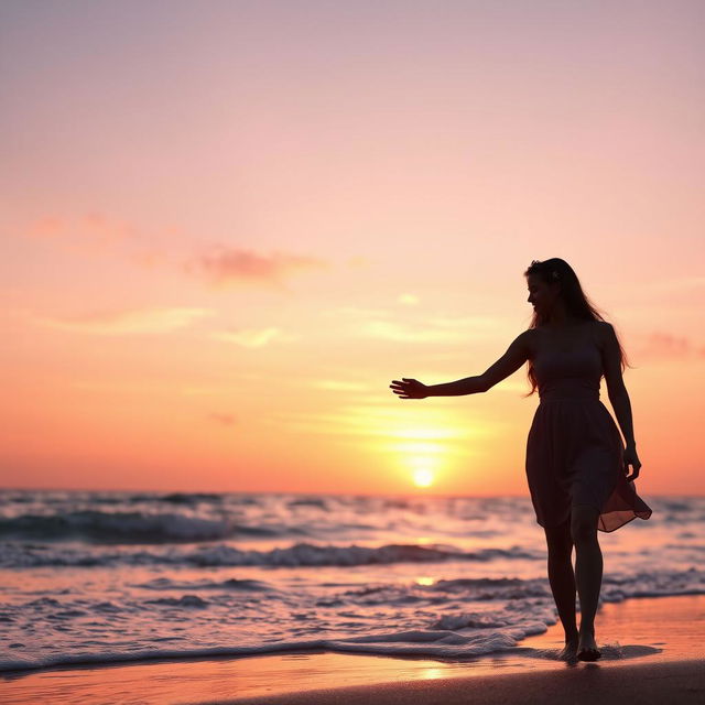 A romantic scene featuring a beautiful couple silhouetted against a stunning sunset, holding hands on a beach