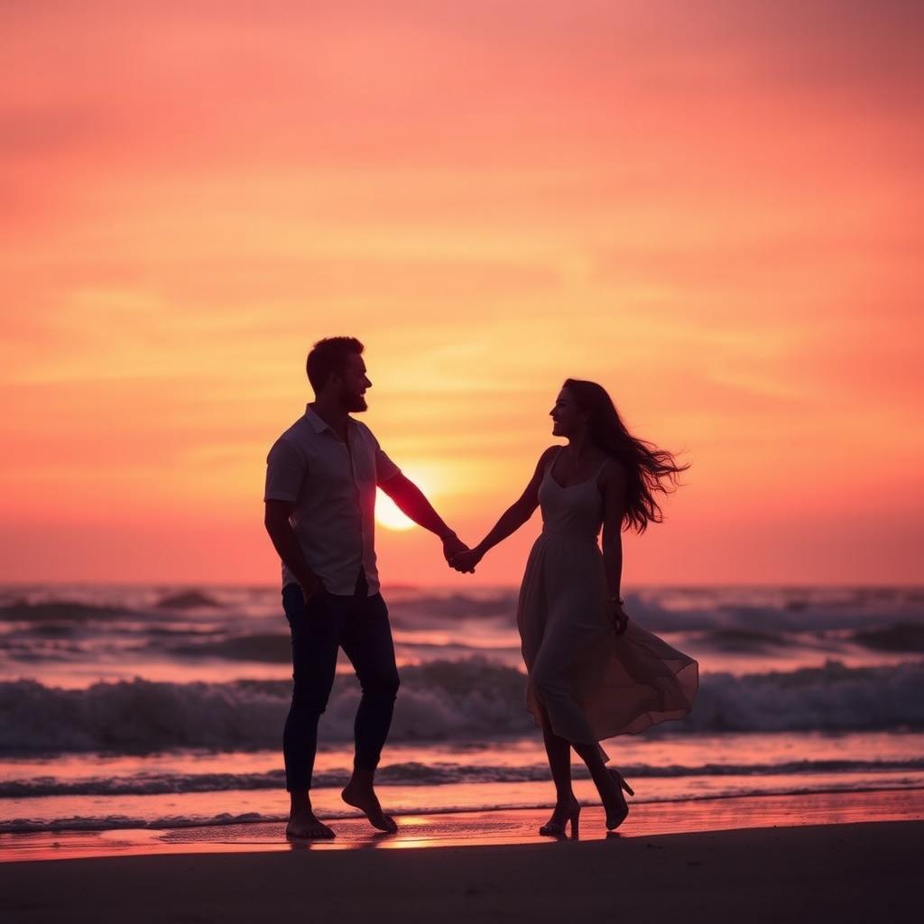 A romantic scene featuring a beautiful couple silhouetted against a stunning sunset, holding hands on a beach