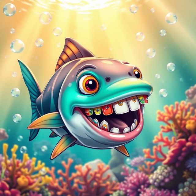 A cartoon-style piranha with colorful braces on its teeth, swimming in a vibrant underwater environment surrounded by bubbles and colorful coral reefs