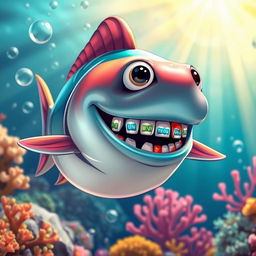 A cartoon-style piranha with colorful braces on its teeth, swimming in a vibrant underwater environment surrounded by bubbles and colorful coral reefs