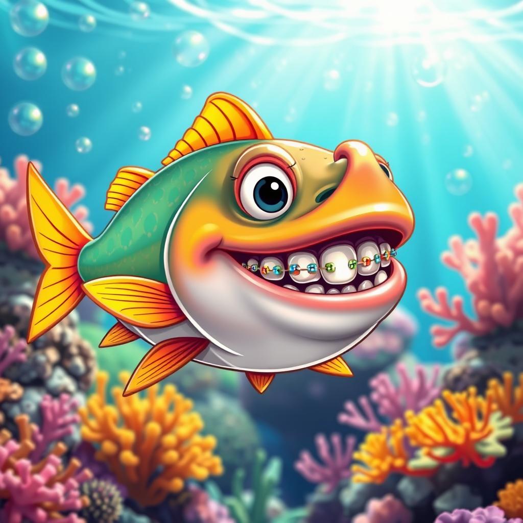 A cartoon-style piranha with colorful braces on its teeth, swimming in a vibrant underwater environment surrounded by bubbles and colorful coral reefs