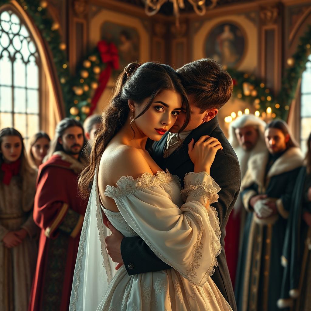 A captivating young woman surrounded by a group of noble counts and lords in a festive Christmas setting