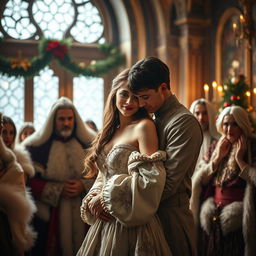 A captivating young woman surrounded by a group of noble counts and lords in a festive Christmas setting