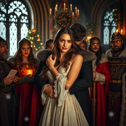 A captivating young woman surrounded by a group of noble counts and lords in a festive Christmas setting