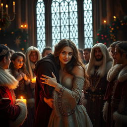 A captivating young woman surrounded by a group of noble counts and lords in a festive Christmas setting