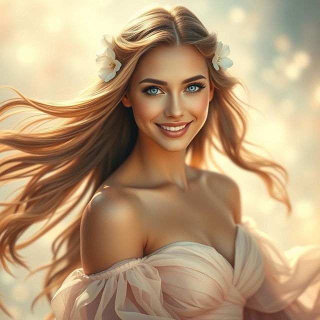 A stunning portrait of a beautiful woman with flowing long hair, sparkling blue eyes, and a warm smile, adorned with delicate flower accessories in her hair