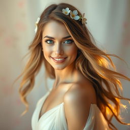 A stunning portrait of a beautiful woman with flowing long hair, sparkling blue eyes, and a warm smile, adorned with delicate flower accessories in her hair