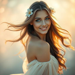 A stunning portrait of a beautiful woman with flowing long hair, sparkling blue eyes, and a warm smile, adorned with delicate flower accessories in her hair