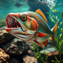 A realistic depiction of a piranha, showcasing its sharp teeth and distinctive body shape