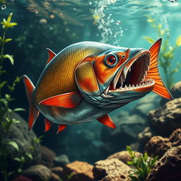 A realistic depiction of a piranha, showcasing its sharp teeth and distinctive body shape