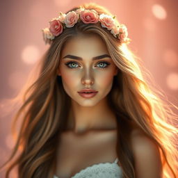 A stunning beauty portrait of an enchanting young woman with long flowing hair, radiant skin, and captivating eyes