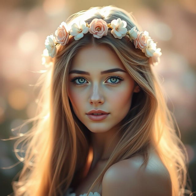 A stunning beauty portrait of an enchanting young woman with long flowing hair, radiant skin, and captivating eyes