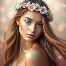 A stunning beauty portrait of an enchanting young woman with long flowing hair, radiant skin, and captivating eyes