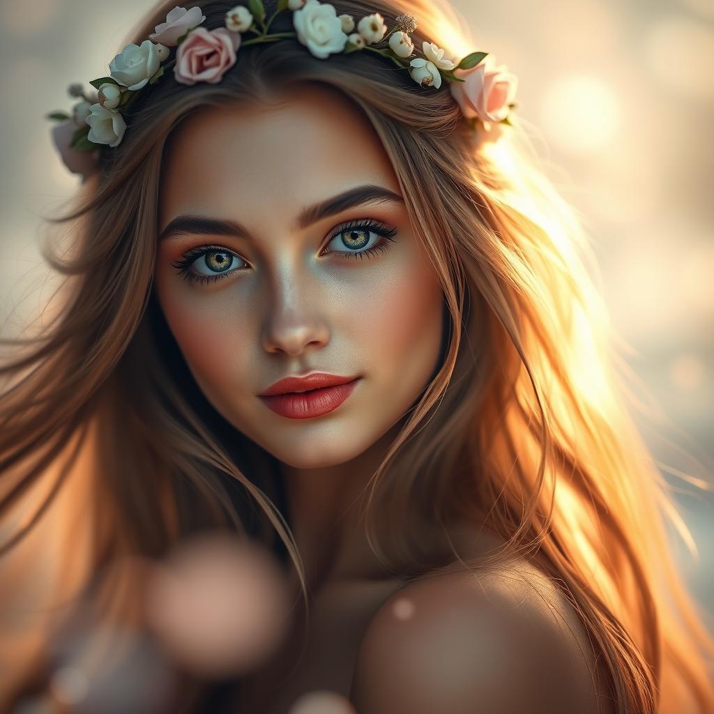 A stunning beauty portrait of an enchanting young woman with long flowing hair, radiant skin, and captivating eyes