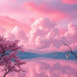 A dreamy landscape featuring fluffy clouds in various shades of pink, with a serene lake reflecting the vibrant sky