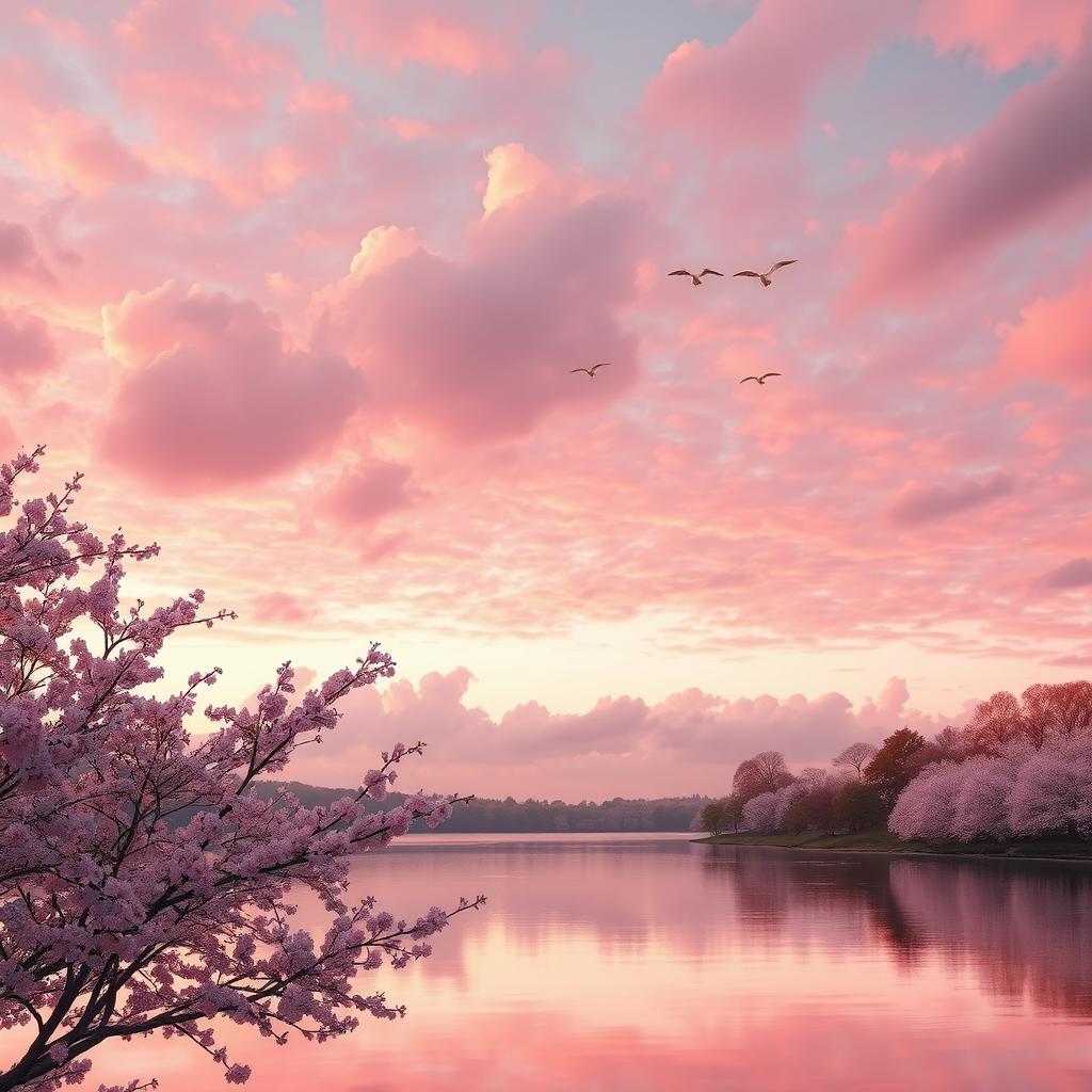 A dreamy landscape featuring fluffy clouds in various shades of pink, with a serene lake reflecting the vibrant sky