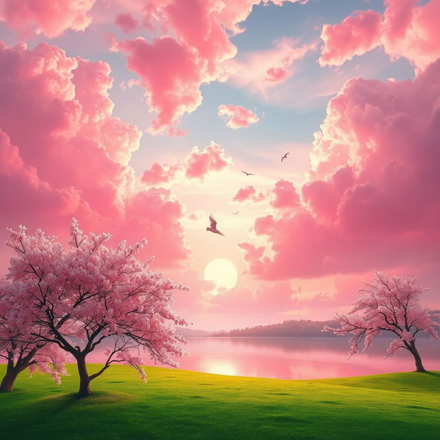 A dreamy landscape featuring fluffy clouds in various shades of pink, with a serene lake reflecting the vibrant sky