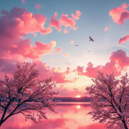 A dreamy landscape featuring fluffy clouds in various shades of pink, with a serene lake reflecting the vibrant sky