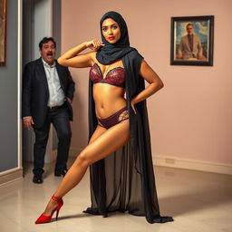 A confident woman wearing a stylish hijab, striking a pose with pointy red stiletto heels that accentuate her legs