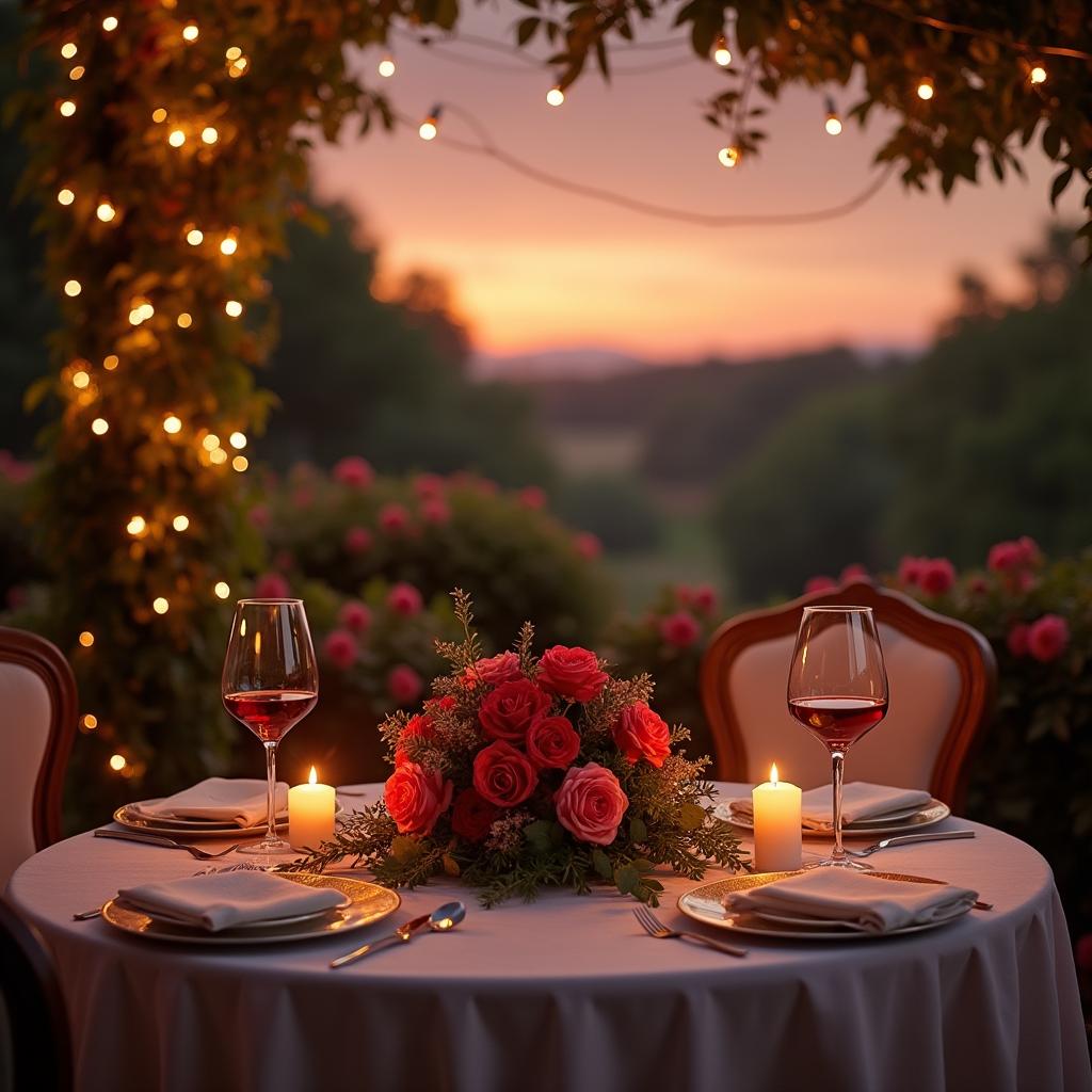 A romantic scene featuring an elegantly set dinner table under a canopy of twinkling fairy lights