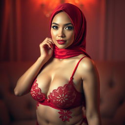 A beautiful woman wearing an elegantly styled hijab, posing in luxurious red lingerie
