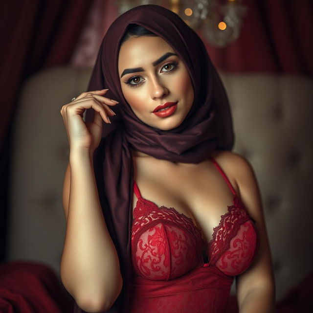 A beautiful woman wearing an elegantly styled hijab, posing in luxurious red lingerie