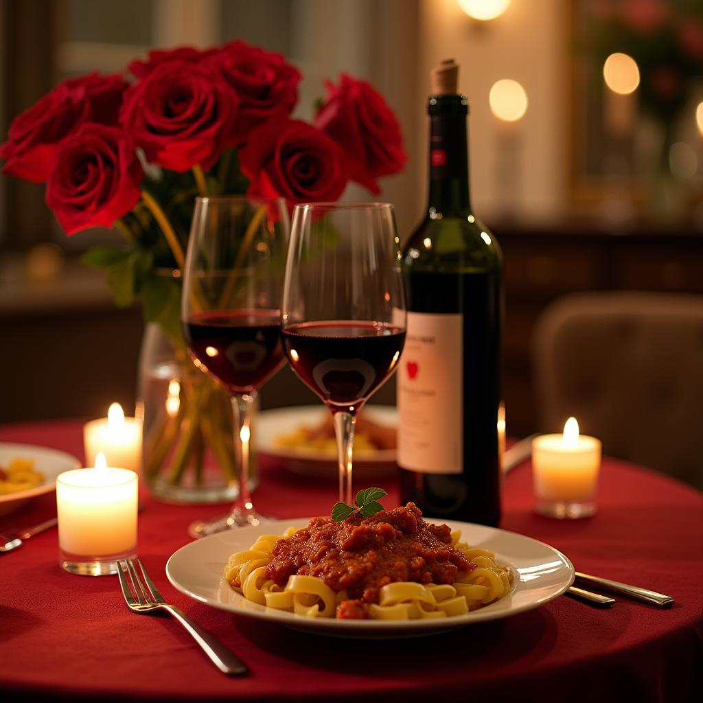 A romantic scene depicting a cozy dinner table set for two, adorned with flickering candles and a beautiful vase of red roses