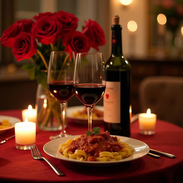 A romantic scene depicting a cozy dinner table set for two, adorned with flickering candles and a beautiful vase of red roses