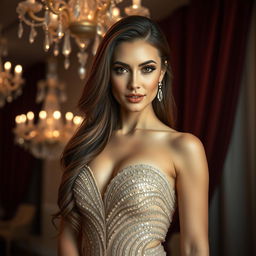 A captivating portrait of a beautiful transgender woman with striking features, wearing an elegant evening gown adorned with sequins