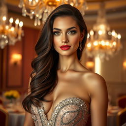 A captivating portrait of a beautiful transgender woman with striking features, wearing an elegant evening gown adorned with sequins