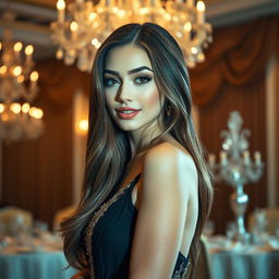A captivating portrait of a beautiful transgender woman with striking features, wearing an elegant evening gown adorned with sequins