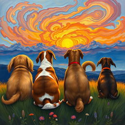Four dogs seen from behind, gazing at a vibrant sunset on the horizon, painted in the expressive style of Vincent van Gogh