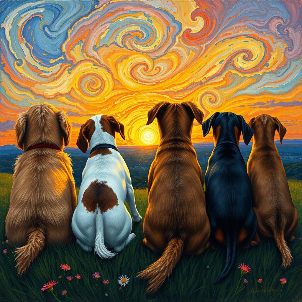 Four dogs seen from behind, gazing at a vibrant sunset on the horizon, painted in the expressive style of Vincent van Gogh