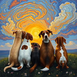 Four dogs seen from behind, gazing at a vibrant sunset on the horizon, painted in the expressive style of Vincent van Gogh
