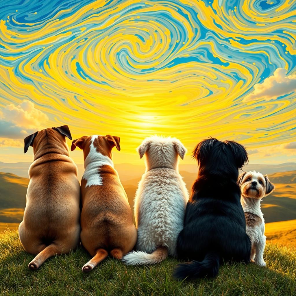 Four dogs from behind sitting together on a grassy hill, gazing at a vast, colorful horizon reminiscent of a Van Gogh painting