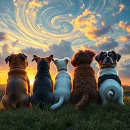Four dogs from behind sitting together on a grassy hill, gazing at a vast, colorful horizon reminiscent of a Van Gogh painting