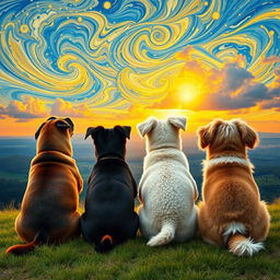 Four dogs from behind sitting together on a grassy hill, gazing at a vast, colorful horizon reminiscent of a Van Gogh painting