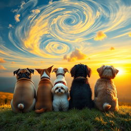 Four dogs from behind sitting together on a grassy hill, gazing at a vast, colorful horizon reminiscent of a Van Gogh painting